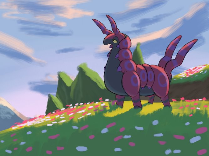 drawing of a scolipede at the top of a hill, surrounded by red and white flowers